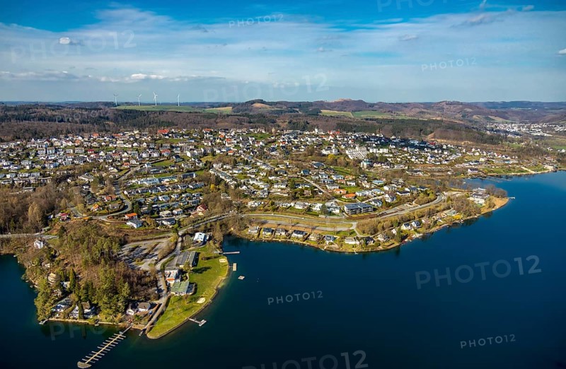 Aerial view, overview Langscheid, Sorpesee, Sorpe shore, Langscheid, Sundern, Sauerland, North Rhine-Westphalia, Germany, DE, Europe, aerial view, aerial photography, aerial photography, overview, bird's-eye view, birds-eyes, view, overview, drinking water, water supply, leisure, recreation, nature, reservoir, dam