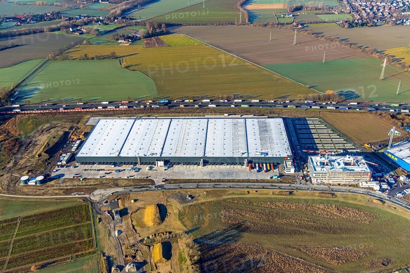 Aerial view, Woolworth builds new headquarters in the intermunicipal industrial estate Unna/Kamen, next to IKEA Kamen, Südkamen, Kamen, Ruhr area, North Rhine-Westphalia, Germany, Unna, DE, Europe, birds-eyes view, aerial photography, aerial photography, overview, bird's eye view