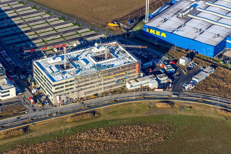 Aerial view, Woolworth builds new headquarters in the intermunicipal industrial estate Unna/Kamen, next to IKEA Kamen, Südkamen, Kamen, Ruhr area, North Rhine-Westphalia, Germany, Unna, DE, Europe, birds-eyes view, aerial photography, aerial photography, overview, bird's eye view