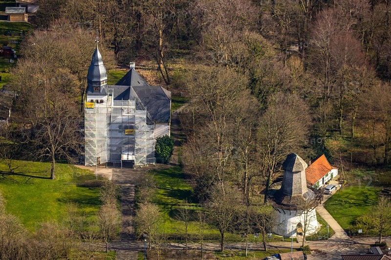 Aerial view, renovation Christuskirche, wind pump, Unna, Ruhr area, North Rhine-Westphalia, Germany, place of worship, DE, Europe, Friedrich-Ebert-Straße, religious community, place of worship, church, parish, denomination, aerial photograph, aerial photography, aerial photography, religion, overview, bird's eye view, birds-eyes view, former saltworks at Königsborn, overview