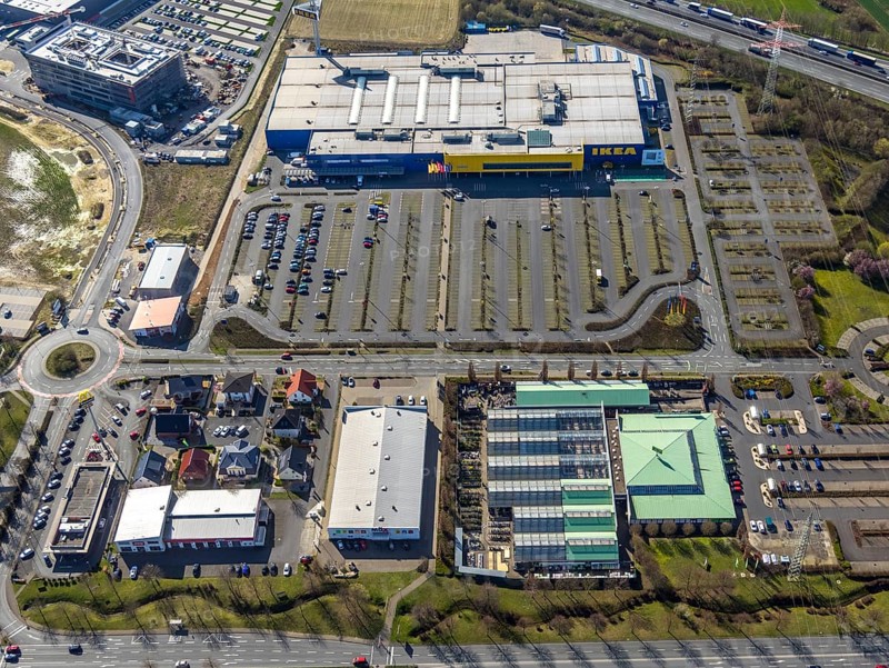 Aerial view, Ikea furniture store, Dehner garden centre, Mercure Hotel Kamen Unna, Unna-Königsborn, Kamen city limits, Südkamen, Kamen, Ruhr area, North Rhine-Westphalia, Germany, DE, shopping centre, Europe, commercial enterprises, commercial space, commercial area, commercial park, commercial location, commercial use, industrial area, industrial location, Kamen Karree, roundabout, aerial view, aerial photography, aerial photography, car parks, Swedish furniture store, overview, Unna, bird's-eye view, birds-eyes view, overview