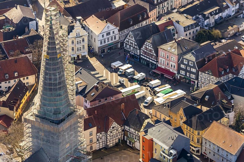 Aerial view, redevelopment protestant town church, church square, market, Unna, Ruhr area, North Rhine-Westphalia, Germany, old town, place of worship, city, DE, shopping centre, Europe, half-timbered houses, religious community, house of worship, hall church, church, parish, church tower, denomination, aerial view, aerial photography, aerial photography, market square, market stalls, religion, town church, overview, bird's-eye view, overview