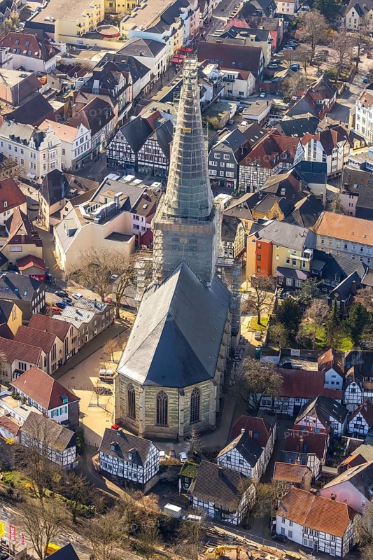 Aerial view, redevelopment protestant town church, church square, Unna, Ruhr area, North Rhine-Westphalia, Germany, old town, place of worship, city, DE, Europe, half-timbered houses, religious community, house of worship, hall church, church, parish, church tower, denomination, aerial view, aerial photography, aerial photography, religion, town church, overview, bird's-eye view, overview
