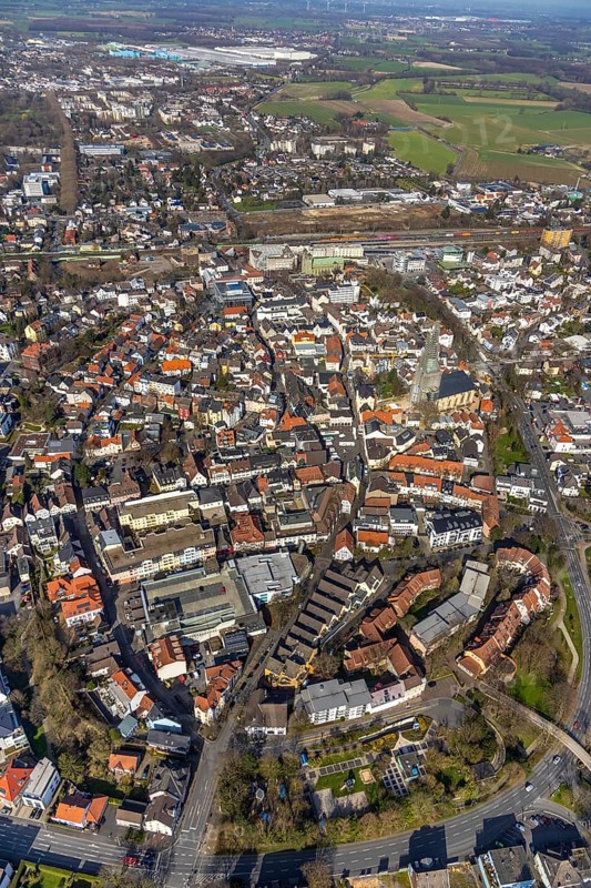 Aerial view, city view, old town, redevelopment evang. town church, church square, Unna, Ruhr area, North Rhine-Westphalia, Germany, City, DE, Europe, property tax, real estate, aerial view, aerial photography, aerial photography, overview, bird's-eye view, residential area, living and working, living and life, residential area, residential buildings, residential quality, residential neighbourhood, housing estate, birds-eyes view, overview