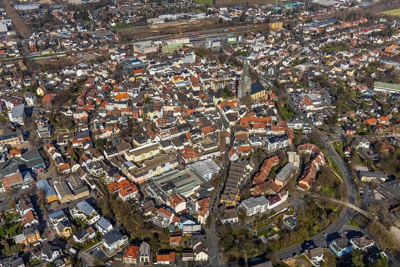 Aerial view, city view, old town, redevelopment evang. town church, church square, Unna, Ruhr area, North Rhine-Westphalia, Germany, City, DE, Europe, property tax, real estate, aerial view, aerial photography, aerial photography, overview, bird's-eye view, residential area, living and working, living and life, residential area, residential buildings, residential quality, residential neighbourhood, housing estate, birds-eyes view, overview