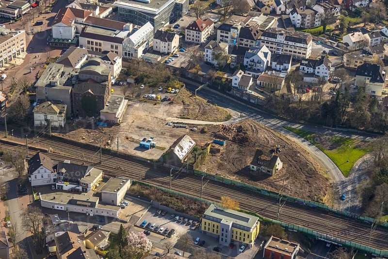 Aerial view, Mühle Bremme, construction site shopping centre, Unna, Ruhr area, North Rhine-Westphalia, Germany, demolition, demolition work, railway tracks, construction work, construction area, building site, building plots, construction measure, construction project, construction site, DE, development, Europe, capacity requirement, aerial view, aerial photography, aerial photography, new building, sight, overview, bird's-eye view, overview, dilapidated, destroyed building