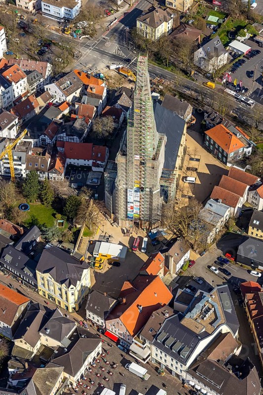 Aerial view, redevelopment protestant town church, church square, Unna, Ruhr area, North Rhine-Westphalia, Germany, old town, place of worship, city, DE, Europe, religious community, house of worship, hall church, church, parish, church tower, denomination, aerial view, aerial photography, aerial photography, religion, town church, overview, bird's-eye view, overview