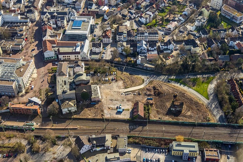 Aerial view, Mühle Bremme, construction site shopping centre, Unna, Ruhr area, North Rhine-Westphalia, Germany, demolition, demolition work, construction work, construction area, building site, building plots, construction measure, construction project, construction site, DE, development, Europe, capacity requirement, aerial view, aerial photography, aerial photography, new building, sight, overview, bird's-eye view, overview, dilapidated, destroyed building