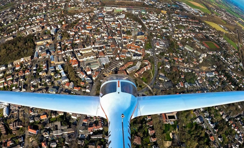 Aerial view, flight over Unna by motor glider, city centre Unna, touring motor glider Hoffmann Dimona H36, Unna, Ruhr area, North Rhine-Westphalia, Germany