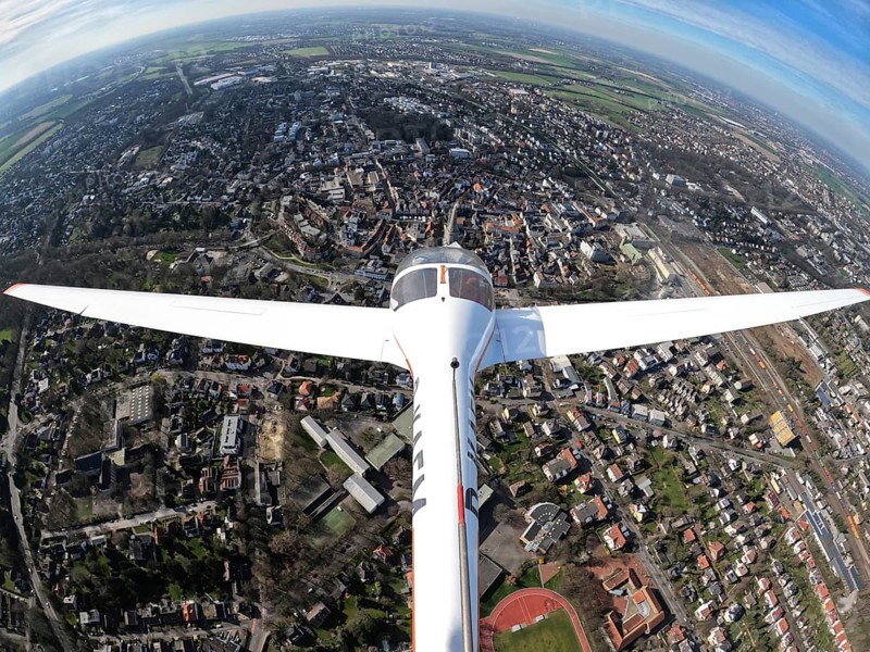 Aerial view, flight over Unna with a motor glider, city centre Unna, touring motor glider Hoffmann Dimona H36, Unna, Ruhr area, North Rhine-Westphalia, Germany, D-KAFM, DE, Europe, aerial view, aerial photography, aerial photography, motor glider, overview, bird's-eye view, overview