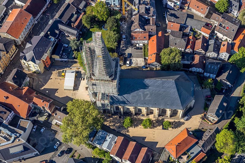 Aerial view, townscape, old town, renovation protestant town church, Unna, Ruhr area, North Rhine-Westphalia, Germany, place of worship, building project, city, DE, Europe, religious community, place of worship, city centre, church, parish, church square, church tower, denomination, aerial view, aerial photography, aerial photography, site view, religion, renovation, redevelopment, urban area, city centre, overview, bird's-eye view, living and life, birds-eyes view, overview