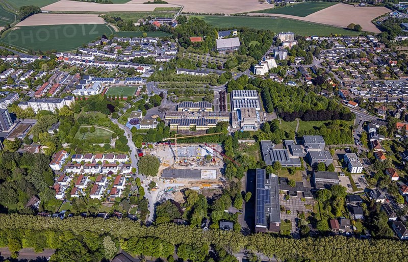 Aerial view, construction area Berliner Allee residential development, school centre north, Unna, Ruhr area, North Rhine-Westphalia, Germany, construction work, construction area, construction site, building plots, construction measure, construction project, construction site, vocational college, education, educational institution, DE, development, Europe, comprehensive school, grammar school, capacity requirement, teaching institute, aerial view, aerial photography, aerial photography, new building, school, sports hall, overview, bird's eye view, bird's eye view, overview