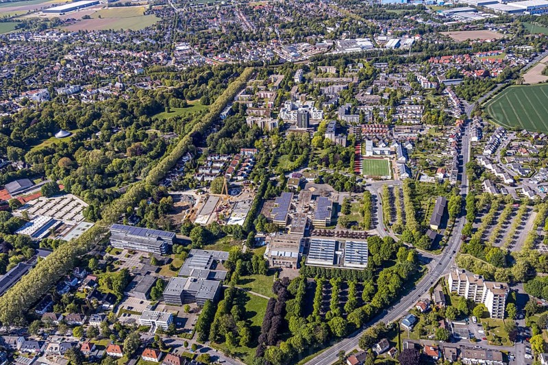 Aerial view, construction area Berliner Allee residential development, school centre north, Unna, Ruhr area, North Rhine-Westphalia, Germany, construction work, construction area, construction site, building plots, construction measure, construction project, construction site, vocational college, education, educational institution, DE, development, Europe, comprehensive school, grammar school, capacity requirement, teaching institute, aerial view, aerial photography, aerial photography, new building, school, sports hall, overview, bird's eye view, bird's eye view, overview