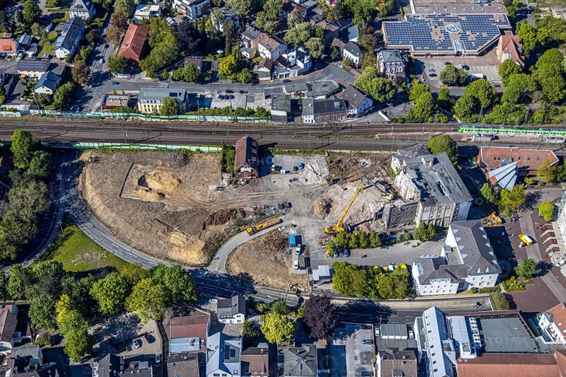 Aerial view, Bremme mill demolition for new building construction site shopping centre, Unna, Ruhr area, North Rhine-Westphalia, Germany, demolition, demolition work, Bahnhofstrasse, construction work, construction area, building site, building plots, construction project, construction site, DE, development, Europe, capacity requirement, aerial photograph, aerial photography, aerial photography, new building, sight, overview, bird's-eye view, overview, dilapidated, destroyed building