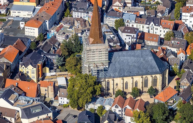 Aerial view, renovation construction site protestant town church, old town, Unna, Ruhr area, North Rhine-Westphalia, Germany, place of worship, construction work, construction area, construction site, construction project, construction site, DE, Europe, religious community, place of worship, church, parish, church square, denomination, aerial view, aerial photography, aerial photography, religion, renovation, refurbishment, overview, bird's-eye view, overview