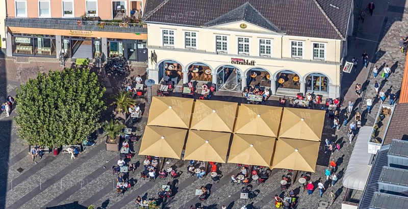 Aerial view, market square, Café Extrablatt Unna, outdoor catering, Unna, Ruhr area, North Rhine-Westphalia, Germany