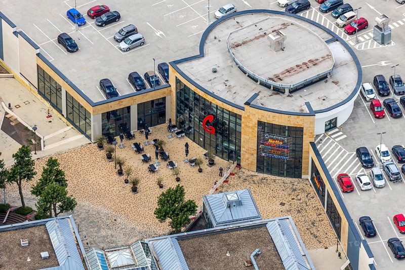Aerial view, StadtGalerie Velbert, Velbert, Ruhr area, North Rhine-Westphalia, Germany, DE, entrance area, shopping, shopping markets, shopping square, shopping centre, Europe, aerial view, aerial photography, aerial photography, local supply centre, shopping centre, overview, bird's eye view, birds-eyes view, onlyVelbert, overview, Velbert-Mitte