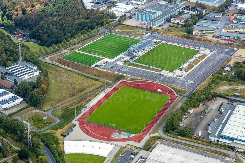 Aerial view, new Oberliga stadium, EMKA Sportzentrum Velbert, Röttgen, Velbert, Ruhr area, North Rhine-Westphalia, Germany, Am Sportzentrum, DE, Europe, football pitch, football stadium, football club, aerial view, aerial photography, aerial photography, Oberliga stadium, Planungsbüro Geo3, SSVg Velbert, sports, sports facilities, sports field, sports facility, stadium, overview, bird's eye view, birds-eyes view, onlyVelbert, overview, Velbert-Mitte