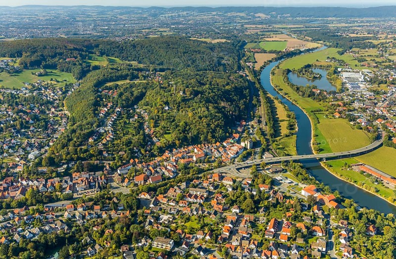 Aerial view, local view, Weser bridge, Vlotho, OWL, Ostwestfalen-Lippe, East Westphalia, North Rhine-Westphalia, Germany, bridge Mindener Straße, DE, Europe, river Weser, property tax, real estate, aerial view, aerial photography, aerial photography, OWL book, OWL book, overview, bird's-eye view, forest area, residential area, living and living, residential area, residential buildings, residential quality, residential neighbourhood, housing estate, birds-eyes view, overview