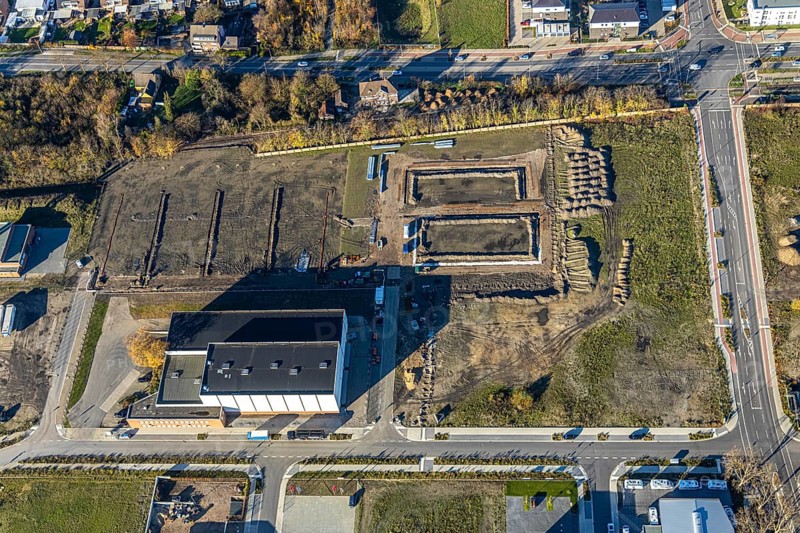 Aerial view, former Niederberg colliery, Neukirchen, Neukirchen-Vluyn, Ruhr area, North Rhine-Westphalia, Germany, An den Schächten, construction area, construction site, building plots, construction project, construction site, mine, DE, Europe, winding tower, aerial photograph, aerial photography, aerial photography, Lower Rhine, overview, bird's eye view, colliery, Niederberg colliery, birds-eyes view, former coal mine, overview