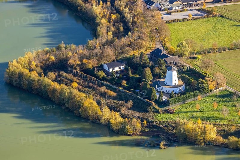 Aerial view, mill, An der Neuen Mühle, quarry pond, Neukirchen, Neukirchen-Vluyn, Ruhr area, North Rhine-Westphalia, Germany, DE, Europe, colour white, green trees, aerial view, aerial photography, aerial photography, overview, bird's eye view, birds-eyes view, overview