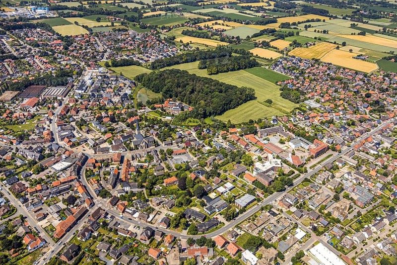 Aerial view, view of the town, Schwesternbusch forest, St. Dionysius Catholic Church, St. Francis House, Cardinal von Galen Comprehensive School, Nordwalde, Münsterland, North Rhine-Westphalia, Germany. Franziskus-Haus, Kardinal von Galen Comprehensive School, Nordwalde, Münsterland, North Rhine-Westphalia, Germany, retirement home, retirement home for religious, retirement home, old people's home, place of worship, care and nursing, education, educational institution, DE, Europe, distant view, comprehensive school, religious community, place of worship, church, parish, denomination, educational institute, aerial view, aerial photography, aerial photography, care facility, religion, school, retirement home, retirement home, retirement home, retirement centre, townscape, city area, overview, bird's-eye view, overview