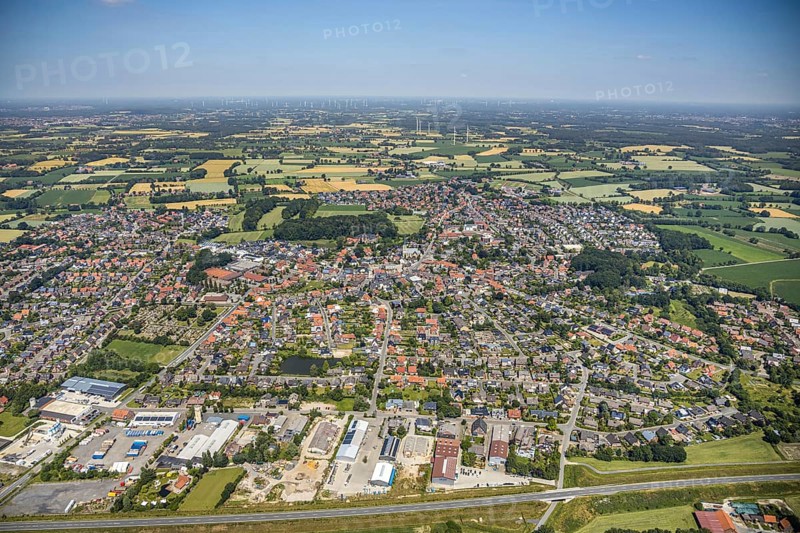 Aerial view, view of the town, Gildestraße industrial estate, Schwesternbusch woodland, St Dionysius Catholic Church, St Francis House, Cardinal von Galen Comprehensive School, Nordwalde, Münsterland, North Rhine-Westphalia, Germany. Franziskus-Haus, Kardinal von Galen Comprehensive School, Nordwalde, Münsterland, North Rhine-Westphalia, Germany, retirement home, retirement home for religious, retirement home, retirement home, place of worship, care and nursing, education, educational institution, DE, Europe, distant view, comprehensive school, commercial enterprises, commercial area, commercial area, commercial park, commercial site, commercial use, religious community, place of worship, industrial area, industrial site, church, parish, denomination, educational institute, aerial view, aerial photography, aerial photography, care facility, religion, school, retirement home, retirement residence, retirement home, retirement centre, townscape, urban area, overview, bird's-eye view, bird...