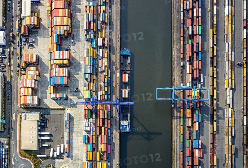 Aerial view, harbour area, harbour facilities, Contargo Neuss GmbH, container loading, container ship, Obererft, Neuss, city limits Düsseldorf, Rhineland, North Rhine-Westphalia, Germany, DE, Europe, birds-eyes view, aerial view, aerial photography, aerial photography, overview, bird's eye view, port operating company, Neuss-Düsseldorfer Häfen GmbH & Co. KG, Spedition Ansorge GmbH & Co. KG, Tanquid GmbH & Co. KG Tanklager Neuss I, Neuss customs office, Rhine, car transport, car loading, cargo ships, BLG AutoTransport GmbH & Co. KG, Neuss harbour, Neuss port, port of Neuss, Rhine port, inland port, port facility, inland shipping