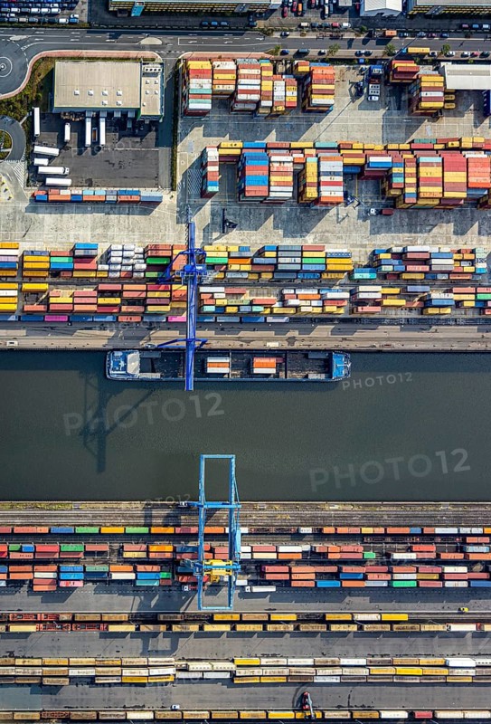 Aerial view, harbour area, harbour facilities, Contargo Neuss GmbH, container loading, container ship, Obererft, Neuss, city limits Düsseldorf, Rhineland, North Rhine-Westphalia, Germany, DE, Europe, birds-eyes view, aerial view, aerial photography, aerial photography, overview, bird's eye view, port operating company, Neuss-Düsseldorfer Häfen GmbH & Co. KG, Spedition Ansorge GmbH & Co. KG, Tanquid GmbH & Co. KG Tanklager Neuss I, Neuss customs office, Rhine, car transport, car loading, cargo ships, BLG AutoTransport GmbH & Co. KG, Neuss harbour, Neuss port, port of Neuss, Rhine port, inland port, port facility, inland shipping