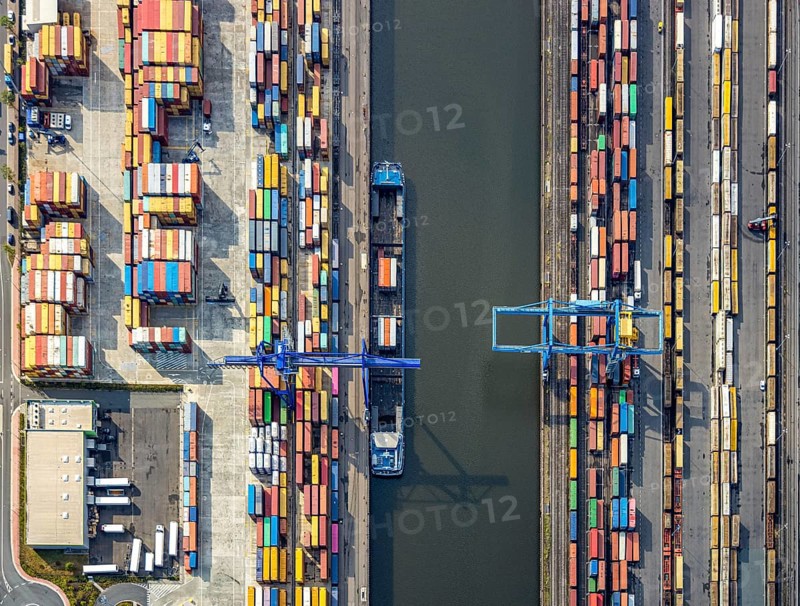 Aerial view, harbour area, harbour facilities, Contargo Neuss GmbH, container loading, container ship, Obererft, Neuss, city limits Düsseldorf, Rhineland, North Rhine-Westphalia, Germany, DE, Europe, birds-eyes view, aerial view, aerial photography, aerial photography, overview, bird's eye view, port operating company, Neuss-Düsseldorfer Häfen GmbH & Co. KG, Spedition Ansorge GmbH & Co. KG, Tanquid GmbH & Co. KG Tanklager Neuss I, Neuss customs office, Rhine, car transport, car loading, cargo ships, BLG AutoTransport GmbH & Co. KG, Neuss harbour, Neuss port, port of Neuss, Rhine port, inland port, port facility, inland shipping