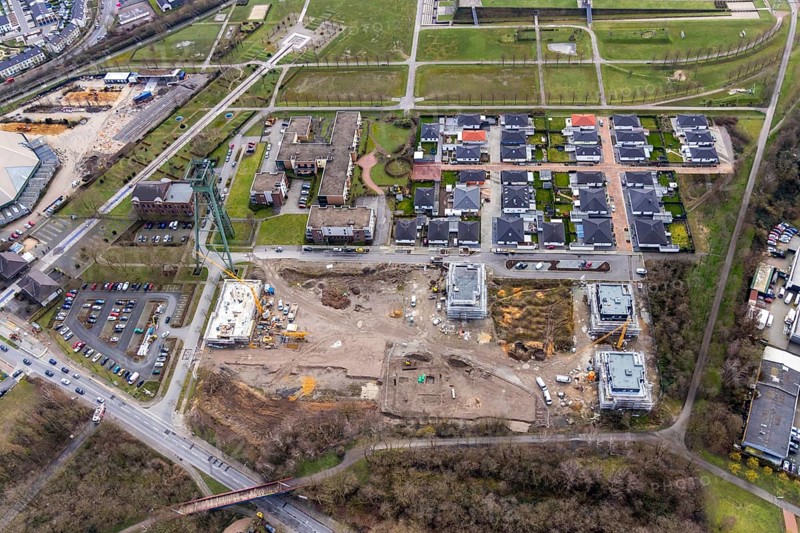 Aerial view, winding tower Osterfeld colliery pit Â½, new residential complex for senior citizens, senior citizens' residence at OLGA-Park, Osterfeld, Oberhausen, Ruhr area, North Rhine-Westphalia, Germany, construction work, construction area, construction site, building plots, construction project, construction site, mining, DE, development, Europe, garden dome former coal mixing plant of Osterfeld colliery, gasometer, capacity requirements, aerial view, aerial photography, aerial photography, new building, Plassmeier Bau, overview, Vestische Straße, bird's eye view, growth, Zum Steigerhaus, birds-eyes view, overview