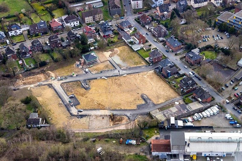 Aerial view, new development area Lilienthalstraße, Nürnberger Straße, Osterfeld, Oberhausen, Ruhr area, North Rhine-Westphalia, Germany, construction area, construction site, building plots, construction measure, construction project, DE, development, Europe, capacity requirements, aerial photograph, aerial photography, aerial photography, new construction, new development area Hermann-Frye-Weg, overview, bird's eye view, residential complex, living and living, residential area, housing estate, birds-eyes view, overview