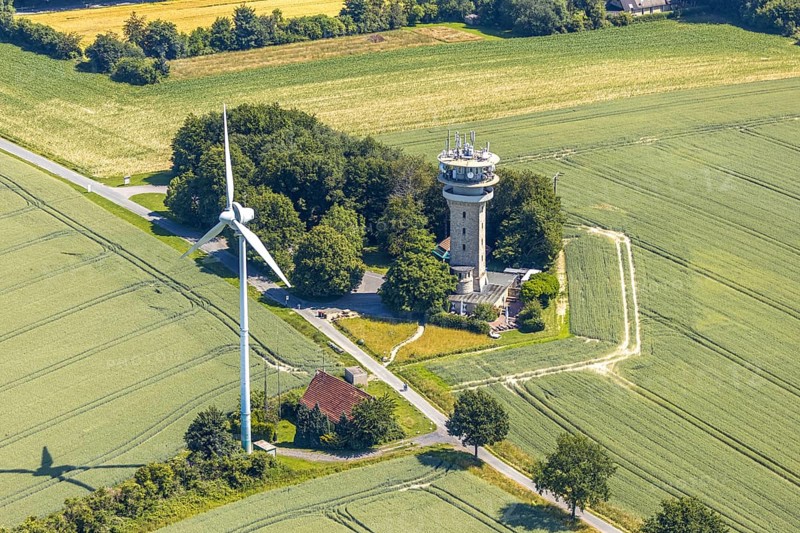 Aerial view, Baumberge, Longinusturm, Nottuln, Münsterland, North Rhine-Westphalia, Germany, observation tower, DE, energy, Europe, aerial view, aerial photography, aerial photography, sight, tower, overview, bird's-eye view, WEA, meadows and fields, wind turbine, wind power, wind turbine, wind turbines, birds-eyes view, historical, overview