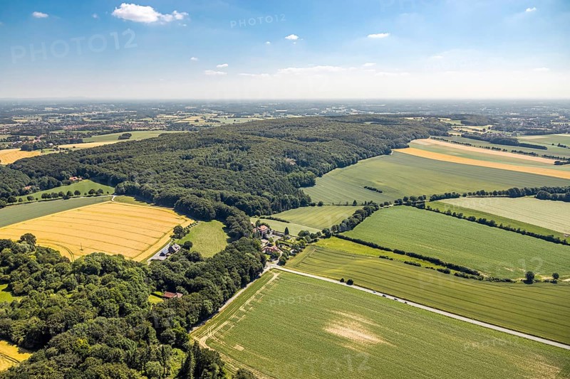 Aerial view, Baumberge forest reserve, Hotel Steverburg, meadows and fields, Nottuln, Münsterland, North Rhine-Westphalia, Germany, DE, Europe, distant view, gastronomy, hotel, hotel facilities, hotel business, state road L874, agricultural fields, aerial view, aerial photography, aerial photography, nature reserve, plots, castle, overview, bird's eye view, forest, birds-eyes view, landw, overview