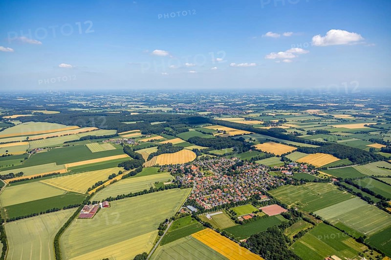 Aerial view, local view Schapdetten, catholic church St. Bonifatius Schapdetten, Schapdetten, Nottuln, Münsterland, North Rhine-Westphalia, Germany, place of worship, DE, Europe, distant view, religious community, place of worship, church, parish, denomination, agricultural fields, aerial view, aerial photography, aerial photography, local view, parcels, sports field, town view, urban area, overview, bird's eye view, wooded area, meadows and fields, birds-eyes view, landw, overview