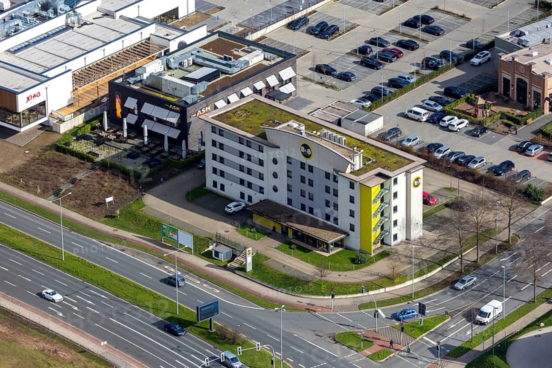 Aerial view, The ASH - Oberhausen, B&B Hotel Oberhausen am Centro, Oberhausen, Ruhr area, North Rhine-Westphalia, Germany, Brammenring, DE, food and drink, Europe, restaurant, gastronomy, gastronomy at Centro, hotel, hotel at Centro, hotel facilities, hotel business, aerial view, aerial photography, aerial photography, restaurant, overview, bird's-eye view, overview