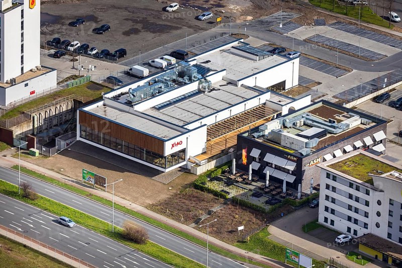 Aerial view, XIAO Restaurant, The ASH - Oberhausen, Oberhausen, Ruhr area, North Rhine-Westphalia, Germany, Brammenring, DE, food and drink, Europe, restaurant, gastronomy, gastronomy at Centro, hotel at Centro, aerial view, aerial photography, aerial photography, restaurant, overview, bird's-eye view, overview