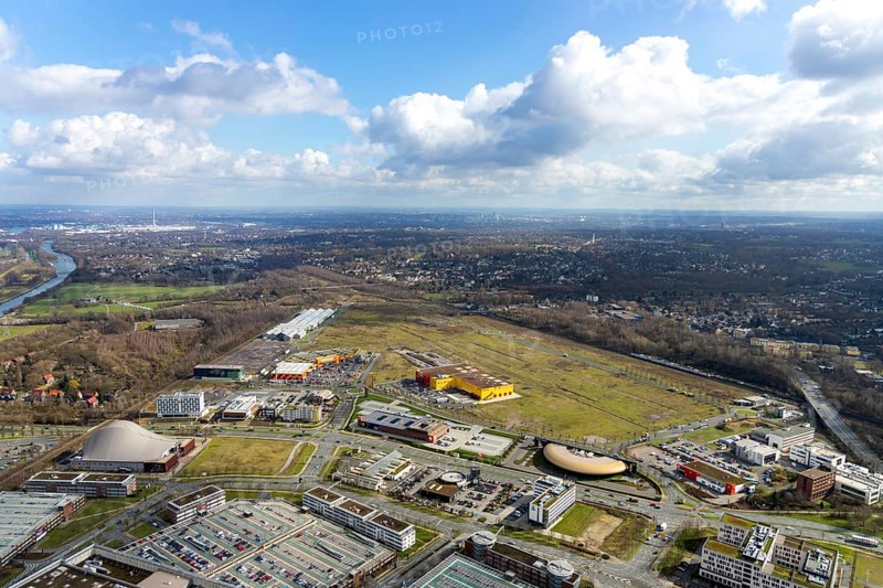 Aerial view, Centro shopping centre, new building POCO Einrichtungsmarkt, Neue Mitte, steelworks area, yellow-red building, Oberhausen, Ruhr area, North Rhine-Westphalia, Germany, construction area, DE, shopping centre, shopping mall, shopping mile, shopping markets, shopping square, shopping centre, Europe, distant view, aerial view, aerial photography, aerial photography, furniture shop, local supply centre, shopping, overview, bird's-eye view, overview
