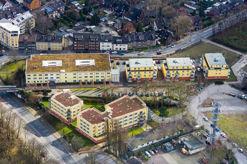 Aerial view, ASB Senior Citizens' Centre, House 1 and extension House 2, Oberhausen, Ruhr area, North Rhine-Westphalia, Germany, retirement home, nursing home, Annemarie-Renger-Weg, care and nursing, DE, Europe, aerial view, aerial photography, aerial photography, nursing facility, nursing home, nursing facility, retirement home, retirement home, senior citizens' residence, senior citizens' centre, overview, bird's-eye view, overview