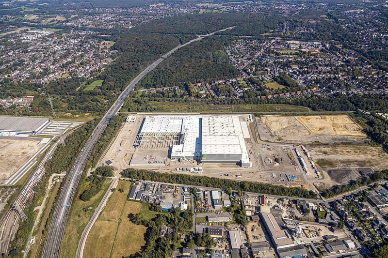 Aerial view, new access road, Oberhausen-Waldteich new EDEKA logistics centre for the Rhine-Ruhr region, Sterkrade, Oberhausen, Ruhr area, North Rhine-Westphalia, Germany, DE, Europe, birds-eyes view, aerial photograph, aerial photography, aerial photography, overview, overview, bird's eye view, Bremer AG, Duisburger Hafen AG, RAG Immobilien GmbH the joint venture logport ruhr GmbH