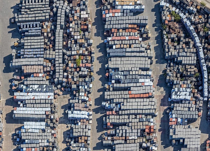 Aerial view, Basamentwerke Böcke GmbH, concrete plant, concrete blocks, concrete blocks, Sterkrade, Oberhausen, Ruhr area, North Rhine-Westphalia, Germany, DE, Europe, birds-eyes view, aerial view, aerial photography, aerial photography, overview, overview, bird's eye view, concrete blocks, graphic structures