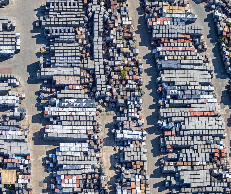 Aerial view, Basamentwerke Böcke GmbH, concrete plant, concrete blocks, concrete blocks, Sterkrade, Oberhausen, Ruhr area, North Rhine-Westphalia, Germany, DE, Europe, birds-eyes view, aerial view, aerial photography, aerial photography, overview, overview, bird's eye view, concrete blocks, graphic structures