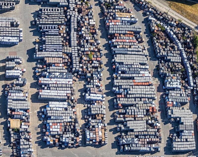 Aerial view, Basamentwerke Böcke GmbH, concrete plant, concrete blocks, concrete blocks, Sterkrade, Oberhausen, Ruhr area, North Rhine-Westphalia, Germany, DE, Europe, birds-eyes view, aerial view, aerial photography, aerial photography, overview, overview, bird's eye view, concrete blocks, graphic structures