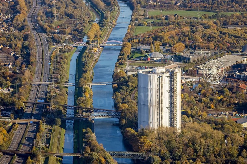Aerial view, gasometer renovation, covered gasometer, Rhine-Herne Canal, river Emscher, Buschhausen, Oberhausen, Ruhr area, North Rhine-Westphalia, Germany, construction measure, construction project, DE, Europe, aerial view, aerial photography, aerial photography, renovation, renovation, overview, bird's-eye view, overview, white tarpaulins
