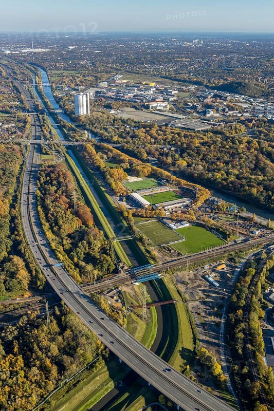 Aerial view, gasometer renovation, covered gasometer, Rhine-Herne Canal, river Emscher, Buschhausen, Oberhausen, Ruhr area, North Rhine-Westphalia, Germany, construction measure, construction project, DE, Europe, aerial view, aerial photography, aerial photography, renovation, renovation, overview, bird's-eye view, overview, white tarpaulins