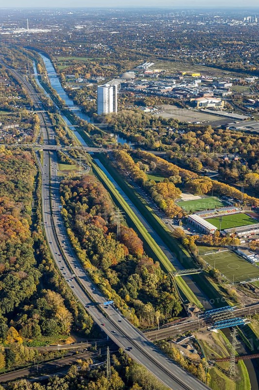 Aerial view, gasometer renovation, covered gasometer, Rhine-Herne Canal, river Emscher, Buschhausen, Oberhausen, Ruhr area, North Rhine-Westphalia, Germany, construction measure, construction project, DE, Europe, aerial view, aerial photography, aerial photography, renovation, renovation, overview, bird's-eye view, overview, white tarpaulins