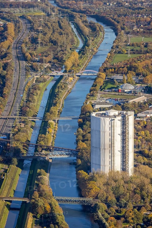 Aerial view, gasometer renovation, covered gasometer, Rhine-Herne Canal, river Emscher, Buschhausen, Oberhausen, Ruhr area, North Rhine-Westphalia, Germany, construction measure, construction project, DE, Europe, aerial view, aerial photography, aerial photography, renovation, renovation, overview, bird's-eye view, overview, white tarpaulins