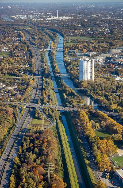 Aerial view, gasometer renovation, covered gasometer, Rhine-Herne Canal, river Emscher, Buschhausen, Oberhausen, Ruhr area, North Rhine-Westphalia, Germany, construction measure, construction project, DE, Europe, aerial view, aerial photography, aerial photography, renovation, renovation, overview, bird's-eye view, overview, white tarpaulins