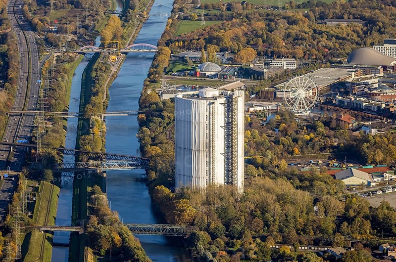 Aerial view, gasometer renovation, covered gasometer, Rhine-Herne Canal, river Emscher, Buschhausen, Oberhausen, Ruhr area, North Rhine-Westphalia, Germany, construction measure, construction project, DE, Europe, aerial view, aerial photography, aerial photography, renovation, renovation, overview, bird's-eye view, overview, white tarpaulins
