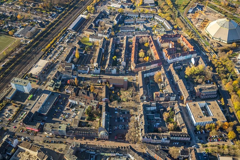 Aerial view, local view Osterfeld, Hospice St. Vinzenz Pallotti, Greek Orthodox parish Hl.Archangel, Osterfeld, Oberhausen, Ruhr area, North Rhine-Westphalia, Germany, place of worship, DE, Europe, religious community, place of worship, property tax, holy place, real estate, church, parish, denomination, aerial view, aerial photography, aerial photography, religion, religious site, overview, Vestische Straße, bird's-eye view, residential area, living and life, residential area, residential buildings, quality of life, residential neighbourhood, housing estate, birds-eyes view, overview